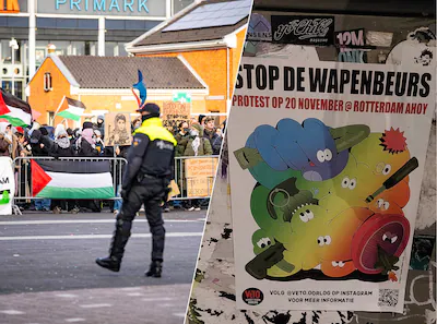 links-de-demonstratie-tegen-de-wapenbeurs-in-ahoy-in-rotterdam-in-2024-rechts-nieuwe-oproepen-voor-p.webp