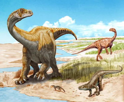 reconstructie-van-schleitheimia-schutzi-met-een-plateosaurus-op-de-achtergrond-en-een-phytosaurus-ee.webp
